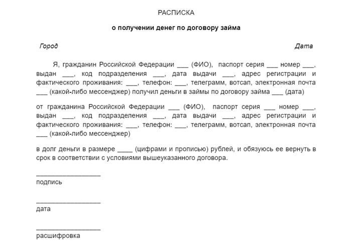 пример расписки о займе