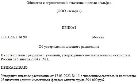 Образец приказа об утверждении штатного расписания