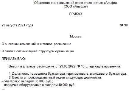 Образец приказа о внесении изменений в штатное расписание