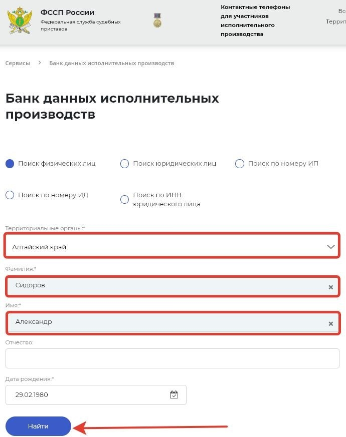 Пример запроса в банк данных исполнительных производств Федеральной службы судебных приставов РФ